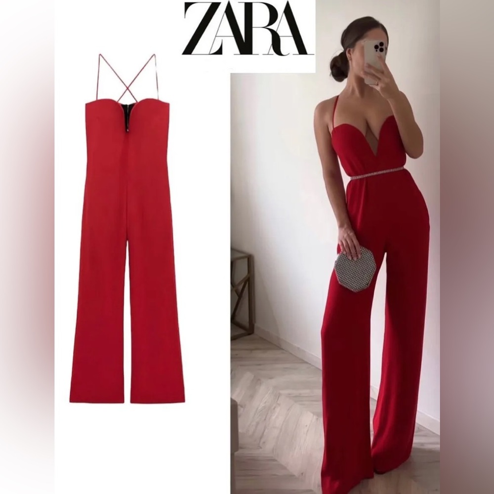 New $169 Zara Sweetheart Neckline Red Wide Leg Jumpsuit 2533/201 Small
